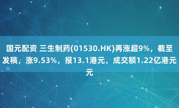 国元配资 三生制药(01530.HK)再涨超9%，截至发稿，涨9.53%，报13.1港元，成交额1.22亿港元